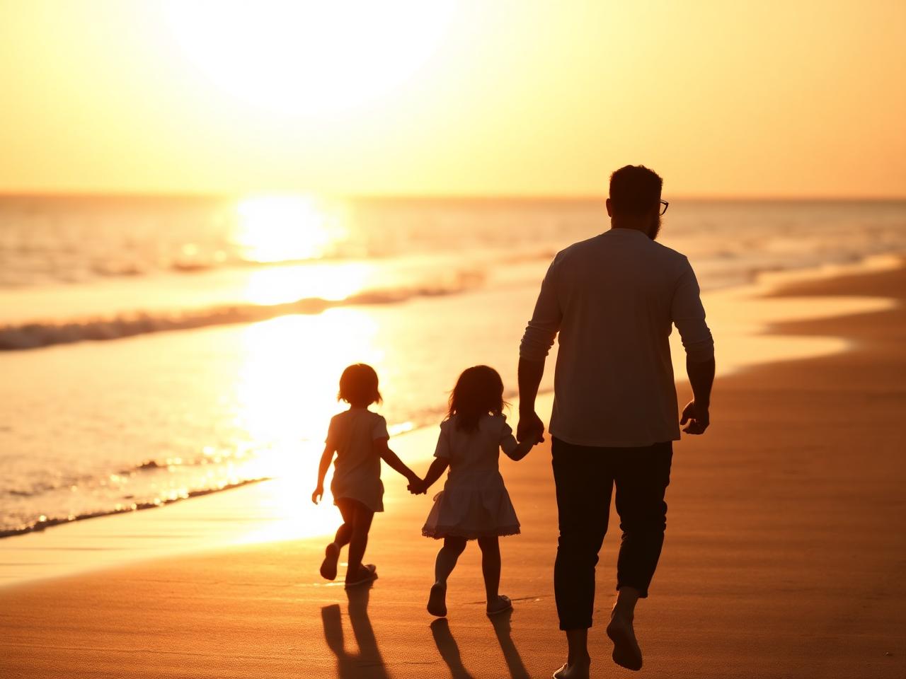 A parent walking on the beach with two children at sunset