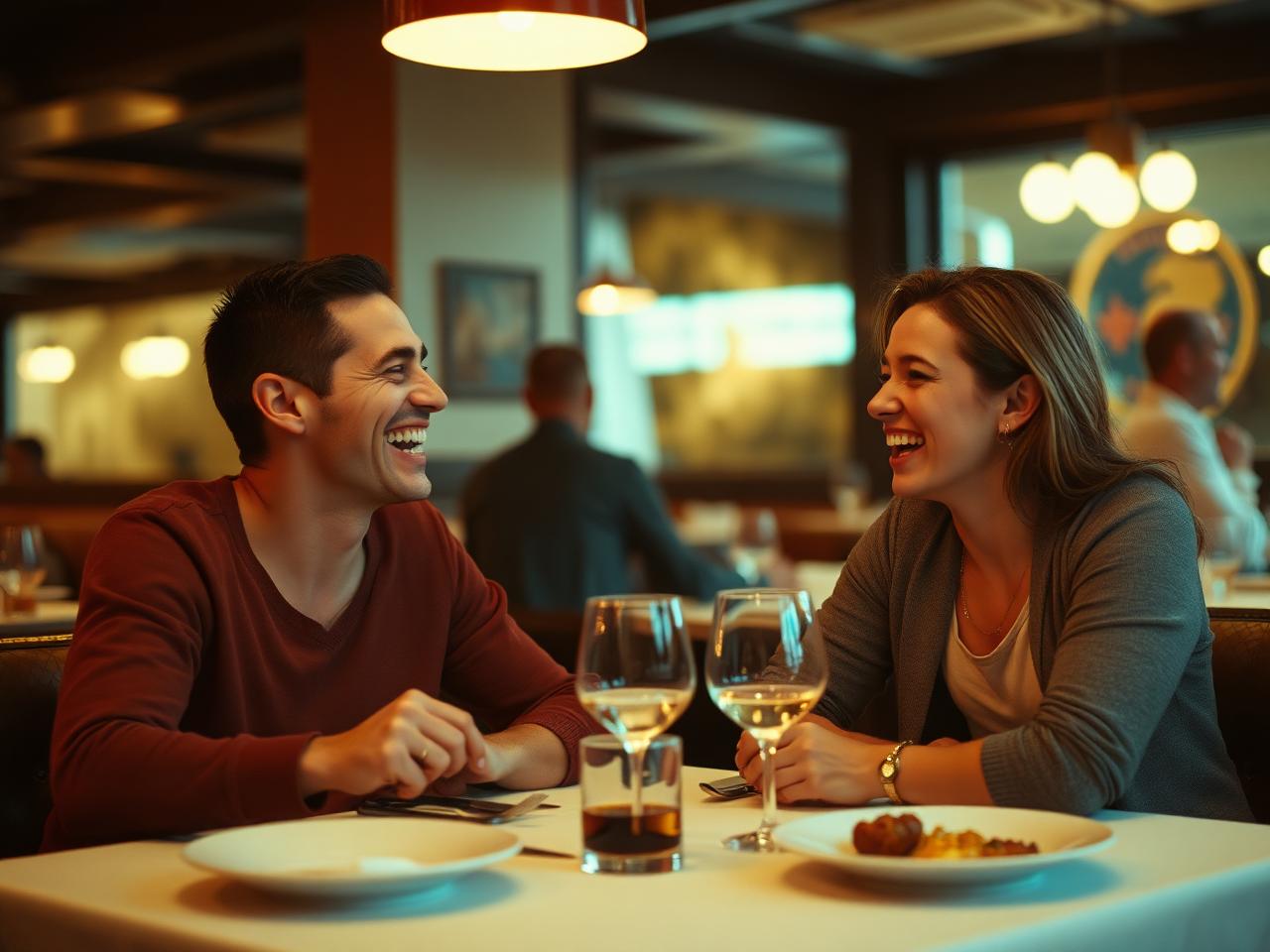 Two friends laughing over dinner at a warmly lit restaurant