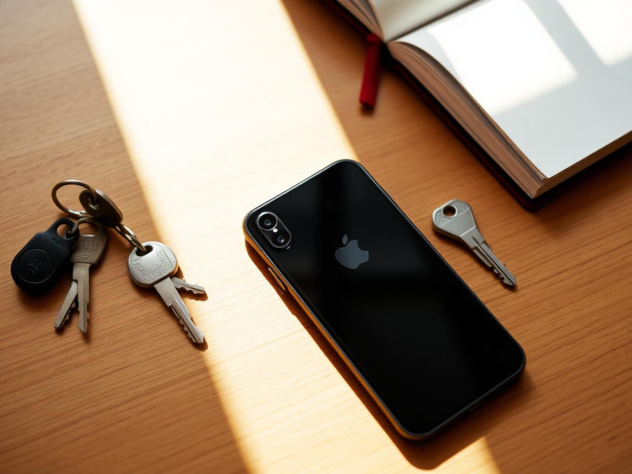 Phone face-down beside keys and a notebook in warm light