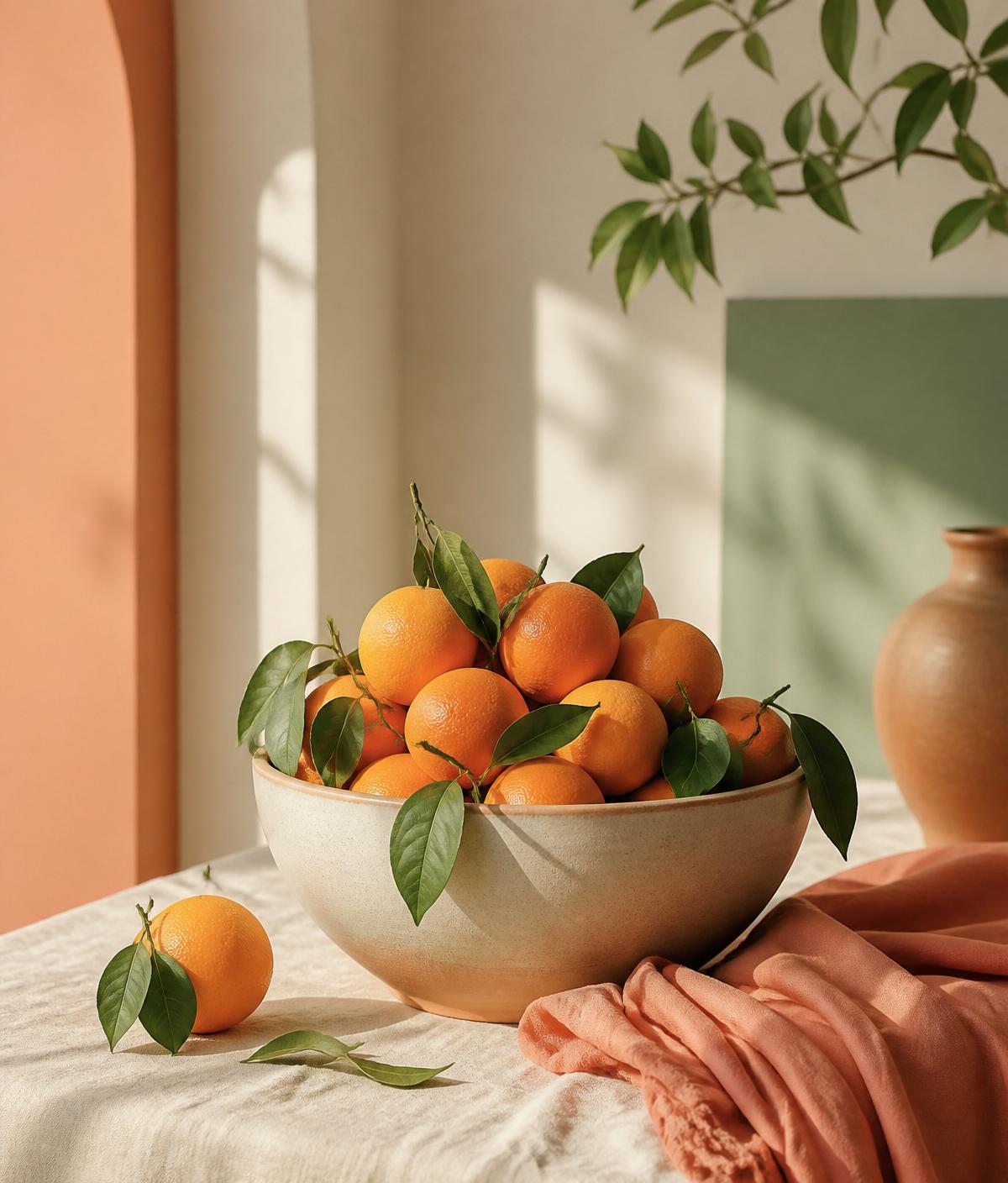 A bowl of fresh oranges on a warm ivory tablecloth