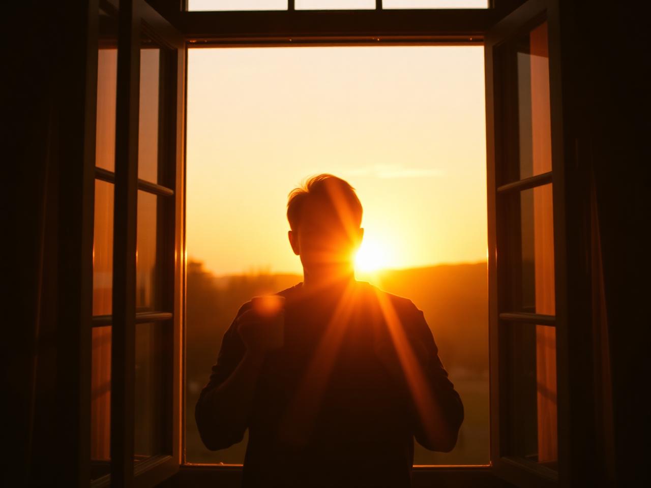 Person at an open window watching sunrise — a new beginning